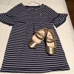 Navy and white striped dress with bell sleeves